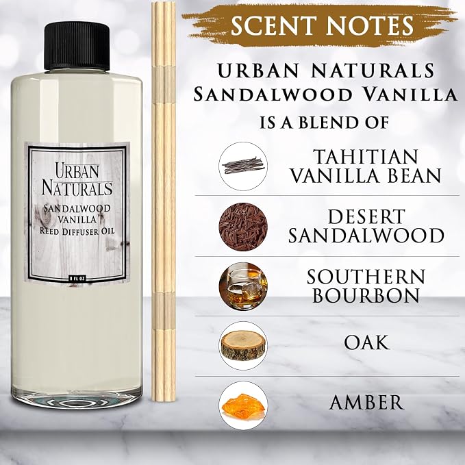Urban Naturals Reed Diffuser Oil Refill Sandalwood Vanilla with Tahitian Vanilla, Bourbon Notes 8 oz + Free Reed Sticks, Made in the USA