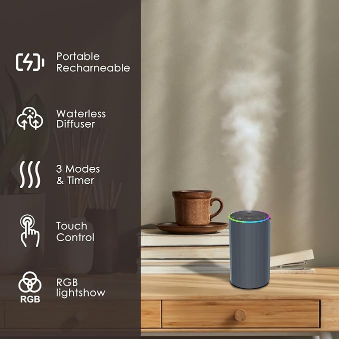 Waterless Essential Oil Diffuser, 7 Colors LED Light, Battery Powered Mini Scent Air Machine, Aromatherapy Mist Diffuser for Home Room Car Office，Black Aluminum Alloy (Gray-LED)