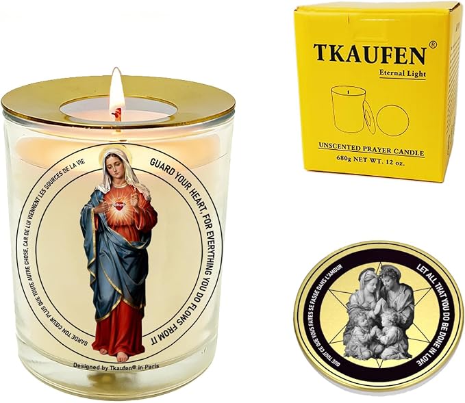 Immaculate Heart of Mary Devotional Candle 50 Hours with Warmer Ring│Hand-Poured Soy Wax│Sinless, Pure, and All‑Loving Heart, Faith, Hope, and Charity, Mother of The Church│Design in Paris│3“×3.6”