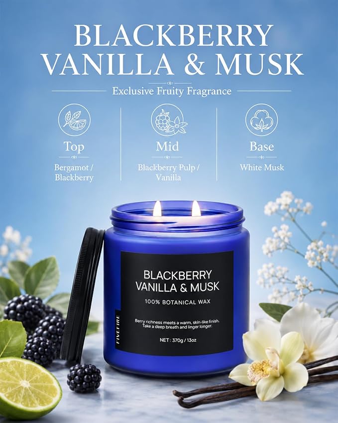 BlackBerry Vanilla Musk Home Scented Candles, 13oz Organic Soy Wax, 76-Hour Clean Burning, Natural Non-Toxic, Fruity & Warm Sensual Scent for Relaxation, Aromatherapy Housewarming Candle Men Women