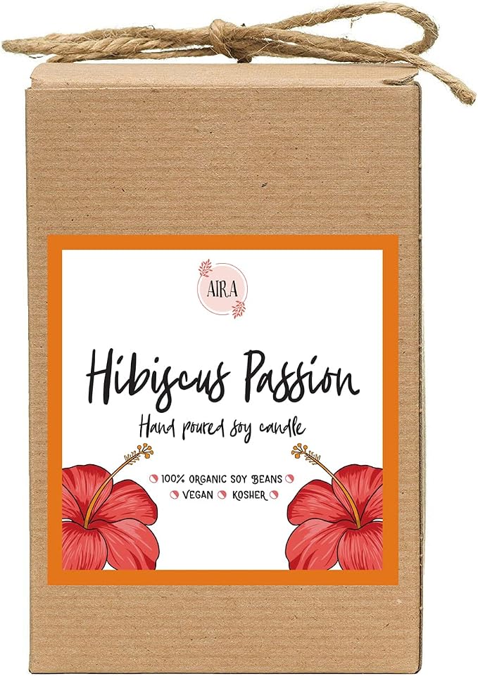 AIRA Soy Candles - Organic, Kosher, Vegan, in Mason Jar w/Therapeutic Grade Essential Oil Blends - Hand-Poured 100% Soy Candle Wax - Paraffin Free, Burns 110+ Hours - Hibiscus Passion -16 Ounces