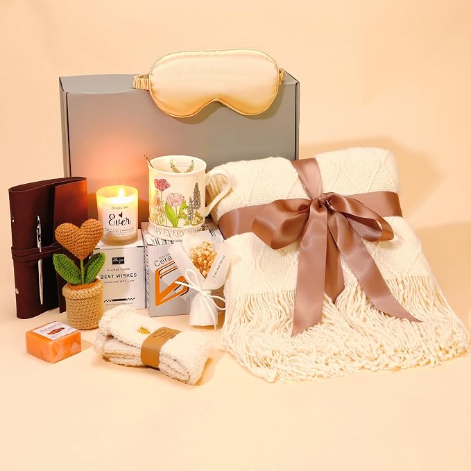 Birthday Gifts for Women,Spa Relaxation Gift Basket for Women - Self Care Package with Plush Throw Blanket, Scented Candle, Inspirational Mug & Journal for Stress Relief, Get Well Soon