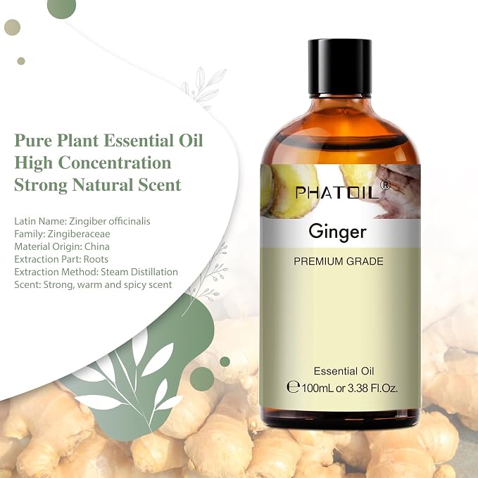 Ginger 3.38fl.oz Essential Oil, PHATOIL Pure Aromatherapy Oils for Diffuser, Humidifier, Perfect for DIY Soap, Candle, Bath Bombs Making(100ml)