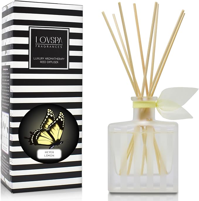 Reed Diffuser Set, Meyer Lemon Scented Oil Diffuser with Sticks, Home Fragrance Accessories for Bathroom Shelf Decor, Aroma Diffusers for Home or Office Desk, USA Made