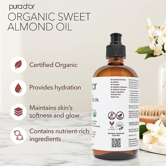 PURA D'OR ORGANIC Sweet Almond Oil (16.9 Oz GLASS BOTTLE) 100% Pure & Natural USDA Certified