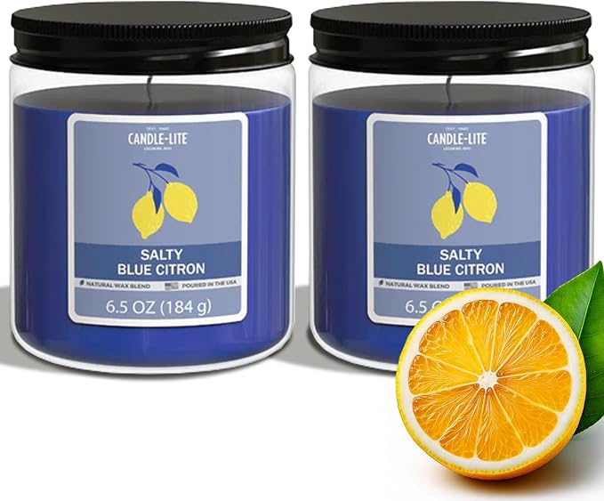 Candle-Lite 2 Pack Scented Candles, Salty Blue Citron, 6.5 oz Jar, Proudly Poured in The USA, Aromatherapy Candle Set, Single-Wick with 40 Hours of Burn Time, Ideal Gift for Men and Women
