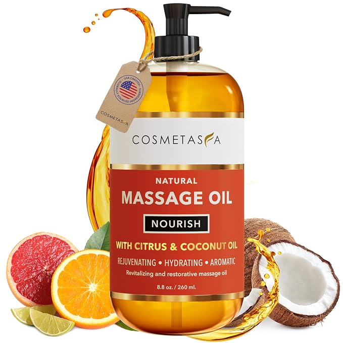 Natural Nourishing Citrus & Coconut Massage Oil- Smooth Glide, Non Greasy Therapeutic Massage Oils with Rejuvenating, Hydrating & Aromatic Essential Oils for Dry Skin, Soothes Muscle & Joints 8.8 oz