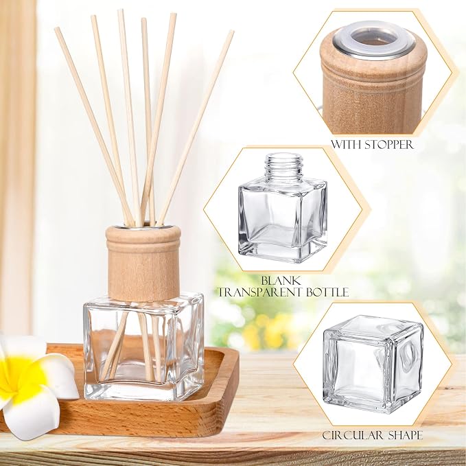 Roshtia 2 Set Reed Diffuser Bottle Empty Refillable Fragrance Glass Diffuser Bottles with Wooden Caps Rattan Sticks 50ml 1.7 oz Square Glass Jars for DIY Fragrance