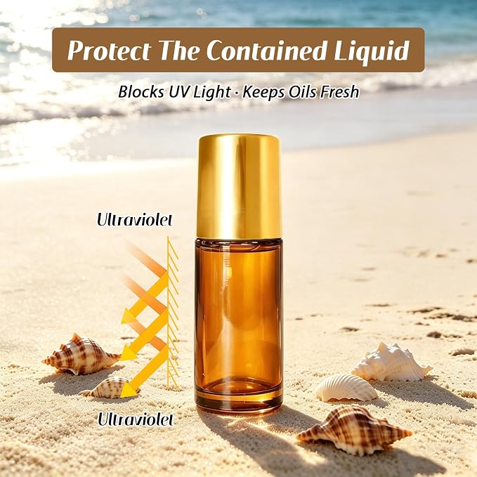 Cocurb 5pcs 1oz Rose Quartz Roller Bottles for Essential Oils Perfume Skincare DIY,Refillable Leak-Proof Amber Glass Roll on Bottle Empty Deodorant Containers with Gold Cap&Storage Bags