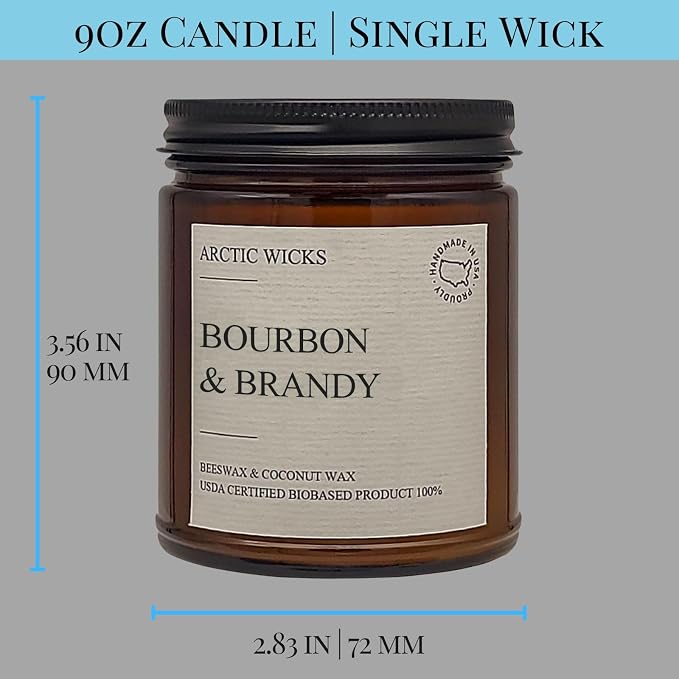 Arctic Wicks Scented Coconut Beeswax Candles | Coconut Beeswax Non Toxic Candle 9oz Amber | Farmhouse Candles Non-Toxic Clean Burn 100% USDA Certified Biobased (Bourbon & Brandy)