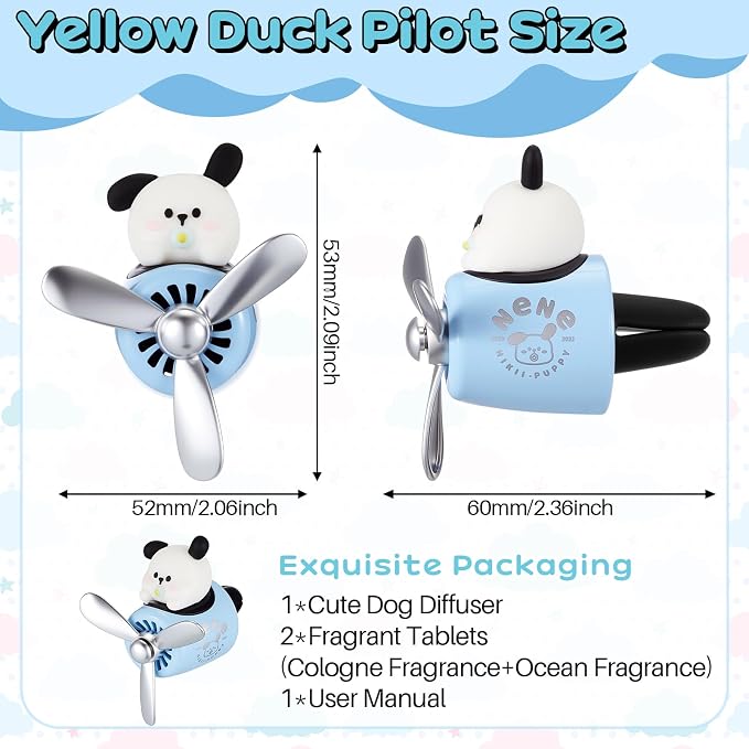 Tallew Car Air Freshener Cute Dog Car Vent Clip Diffuser with Rotating Propeller Outlet Vent 2.5" x 2.4" x 2.1" Easy to Install Included 2 Scents Aroma Tablets Aromatherapy Ornament Auto Accessories