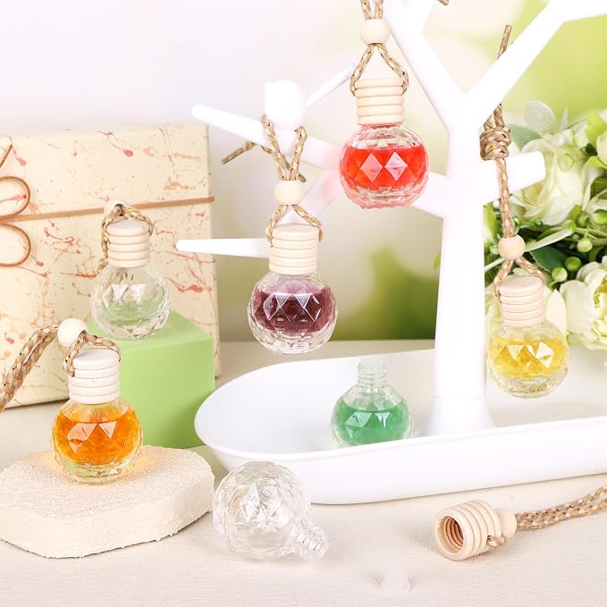 60 Pcs Hanging Car Air Freshener Car Diffuser Bottle Empty Glass Perfume Bottles Air Freshener Diffuser Bottle Pendant for Essential Oils Fragrance Aromatherapy Ornament Decor (Round Diamond)