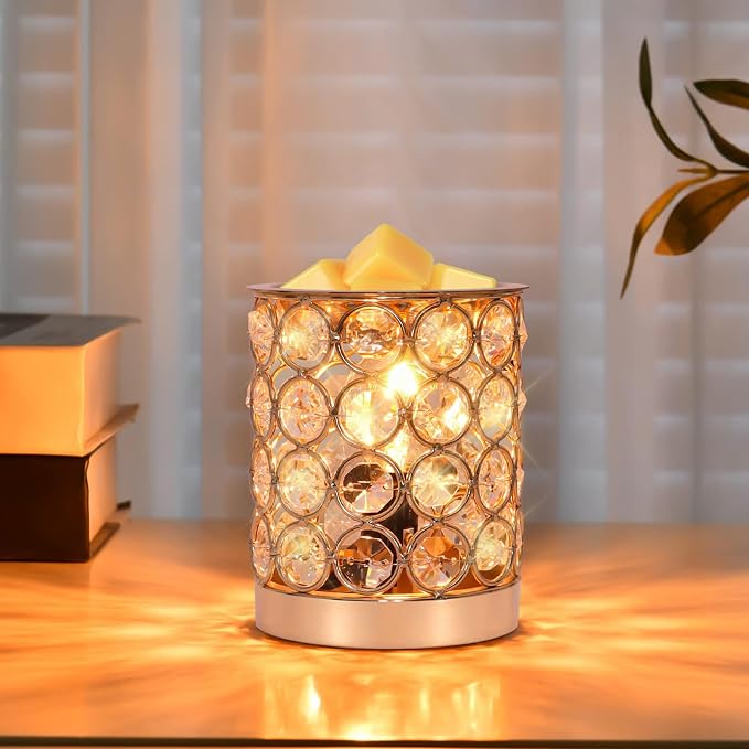 Crystal Wax Melt Warmer Candle Wax Warmer for Scented Wax 2 in 1 Wax Melts Fragrance Warmer Wax Cubes Melter Home Office Deco Night Light Valentines Day Birthday Gifts for Women Mom Girl(01-Gold)