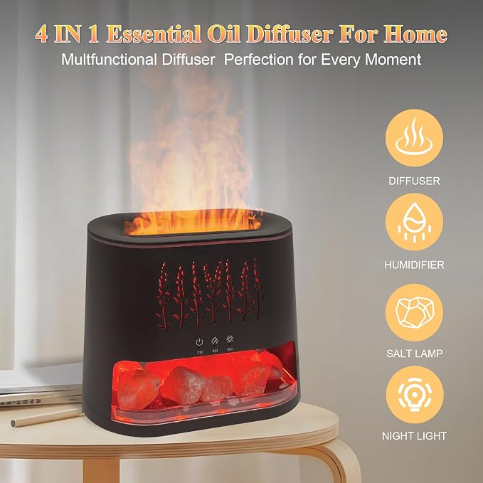 Fireplace Flame Diffuser & Himalayan Salt Lamp, 8 Colors Aromatherapy Diffuser Cool Mist Humidifier with Timer Auto Off Function for Home, Bedroom, Offie,Yoga