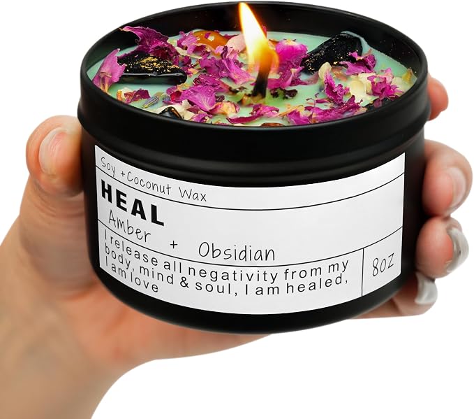 HEAL Candle Gift, Obsidian & Amber, Self Care, Comfort Gift for Her, Thinking of You, Stress Relief, Meditation Candle, (8oz)
