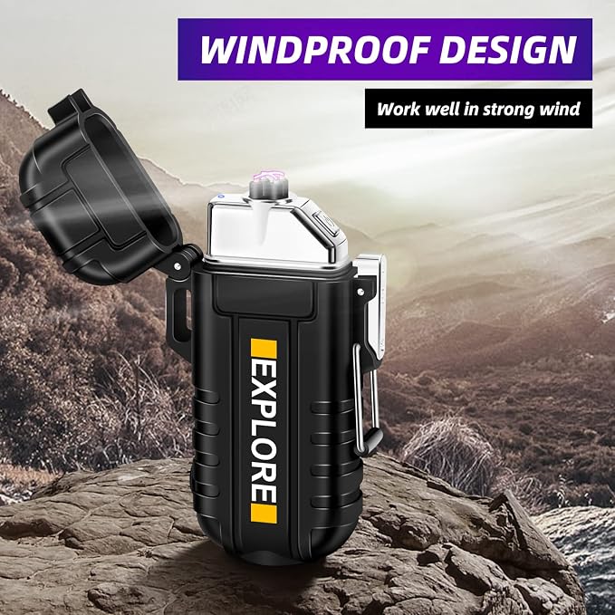 LcFun Waterproof Electric Dual Arc Lighter USB Type C Rechargeable Windproof Flameless Plasma Lighters with Flashlight for Camping, Hiking, Outdoor Survival, Tactical Gear Gifts for Men