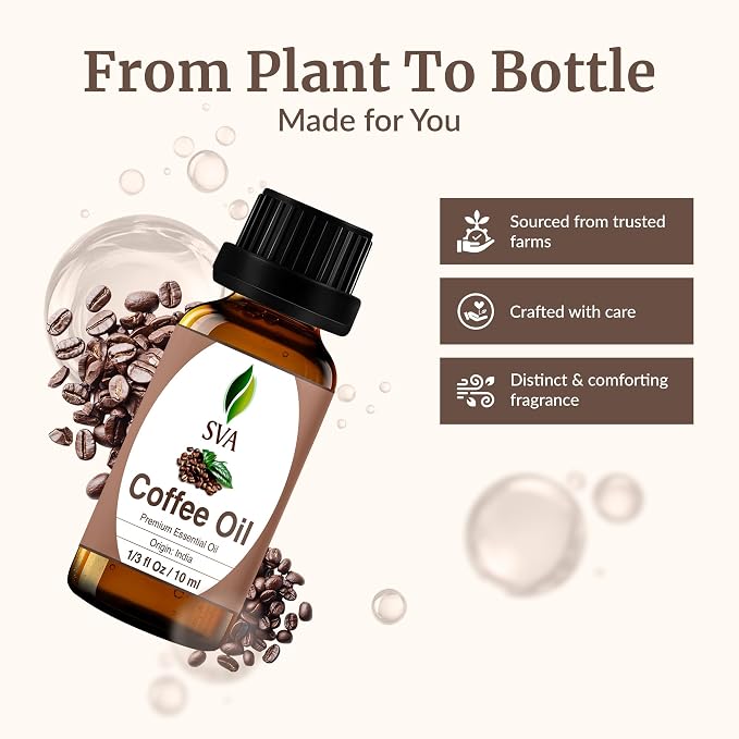 SVA Coffee Essential Oil – 1/3 Fl Oz – 100% Natural Coffee Oil - for Diffuser, Hair Care, Face, Skin Care, Aromatherapy, Scalp and Body Massage, Soap and Candle Making