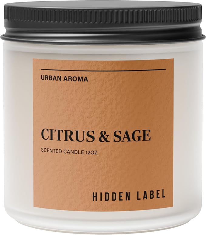Hidden Label Citrus Sage Soy Candle, 12oz 2-Wick, 70H Focus & Calm | Non-Toxic Natural Wax, Paraben & Phthalate-Free, Clean Burn | Elegant Decor & Gift-Ready | Productivity & Stress Relief