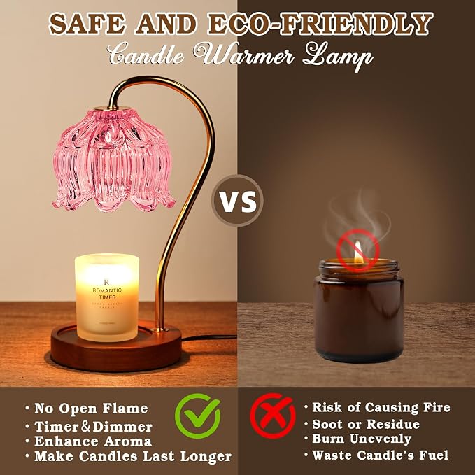 Funistree Flower Candle Warmer Lamp with Timer, Dimmable Candle Lamp Warmer, Christmas Birthday Gifts for Women Mom Her, Housewarming Home Decor, Lotus Wax Warmer for Yankee - Pink Lily 10 Inch