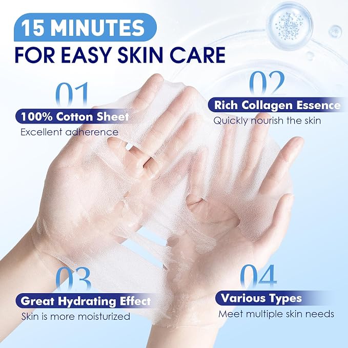 KONEUK 9 Pack Hydrating Face Masks Skincare, Bulk Sheet Face Mask for Dry Skin, Collagen Facial Masks Spa Gifts for Women Skin Care, Spa Birthday Party Supplies and Sleepover Party Supplies