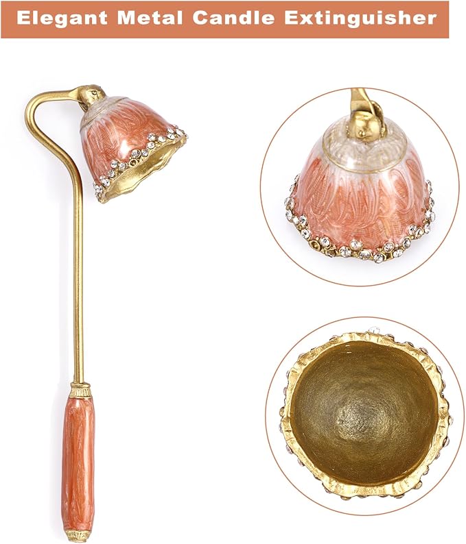 OwnMy Candle Snuffer Decorative Metal Candle Extinguisher with Long Handle, Vintage Candle Flame Snuffer and Wick Trimmer Tool, Elegant Candles Care Accessory Kit, Orange