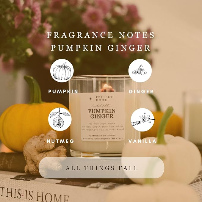 PERIPETI Home Pumpkin Ginger Scented Candle, Classic Wick – 8.5oz Natural Soy Wax for Energizing Aromatherapy, Long-Lasting Burn with a Cozy Fall Scent