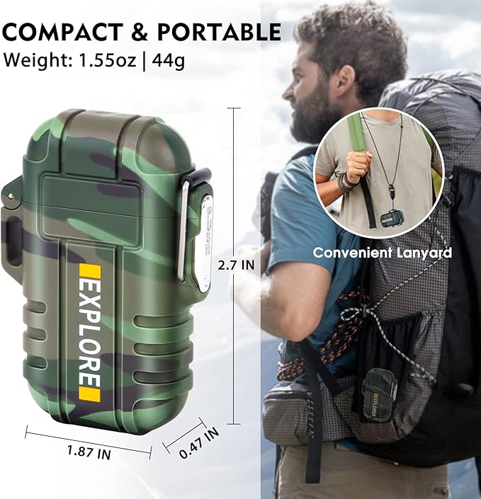 LcFun Electric Dual Arc Lighter USB Rechargeable Outdoor Windproof Flameless Plasma Lighters for Camping, Hiking, Waterproof Matches Survival Tactical Gear Fathers Day Dad Gifts Birthday Gifts for Men