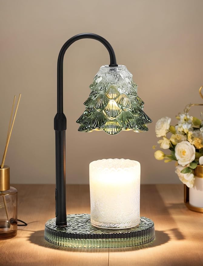 Candle Warmer Lamp with Timer & Dimmer, Crown Glass Lamp Candle Warmer for Jar Candles, 2 Bulbs, Height Adjustable Electric Wax Warmer for Elegant Home Decor (Evergreen Glow)