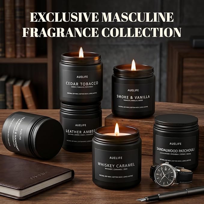 6 Pack Scented Candles for Home, 3.5oz Natural Soy Wax Candles Gift Set,Each 25H Burn, Aromatherapy Candles for Men (Mahogany/Vanilla/Sandalwood/Leather/Cedar/Whiskey)
