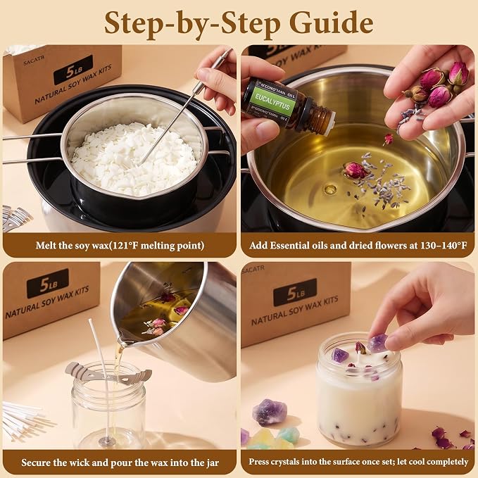 SACATR 5LB Soy Wax Candle Making Kit,Natural 100% Soy Wax for Candle Making, with Essential Oils, Raw Crystals,Dried Flowers,Wicks,Candle Making Supplies for DIY Scented Candles,Holiday Gifts
