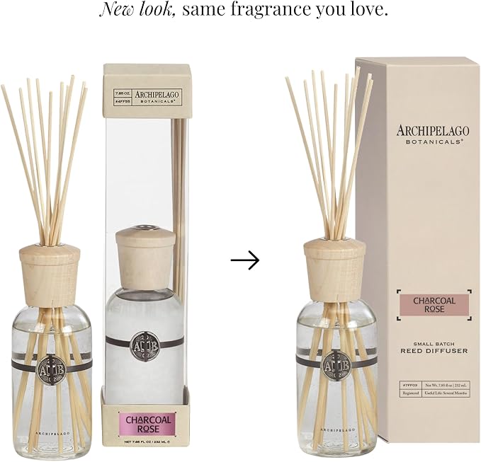 Archipelago Botanicals Charcoal Rose Reed Diffuser, Home Fragrance Reed Diffuser, Includes Fragrance Oil, Decorative Wooden Cap & 10 Diffuser Reeds, Perfect for Home, Office or Gift, 7.85 fl oz