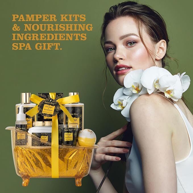 Spa Gift Basket for Women & Men Home Spa Bath Gift Basket, Spa gift set Christmas Gifts, Spa Kit Self-care Gifts, Spa Collection Gift, Orchid Jasmine Bath and Body Gift Pampering Spa Gifts father Day