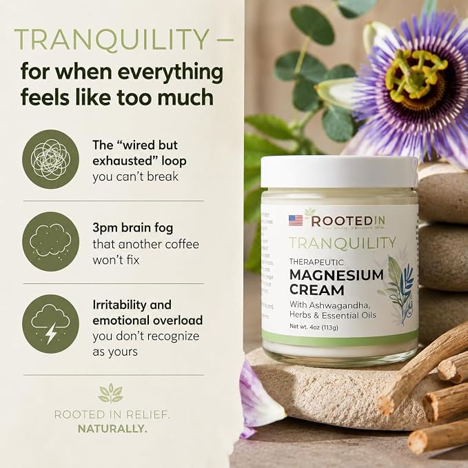 Rooted In 2X More Magnesium Cream – Stress Relief & Sleep with Ashwagandha – Calming Body Lotion for Women – Topical Magnesium Chloride, US Made – 4oz