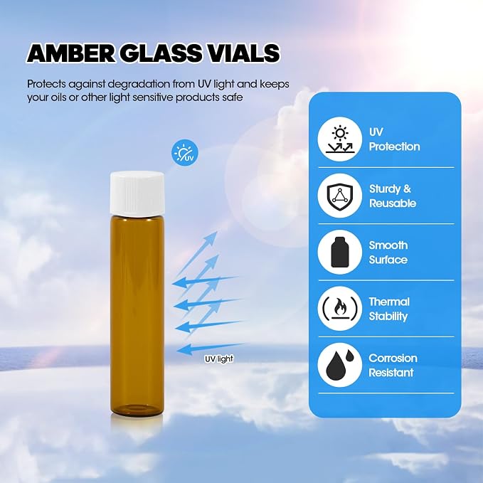 12PCS 7ml Amber Glass Vials with White Screw Caps and Plastic Stoppers, 2 Dram Leak-Proof Small Liquid Sample Bottles for Essential Oils, Perfumes, Reagents