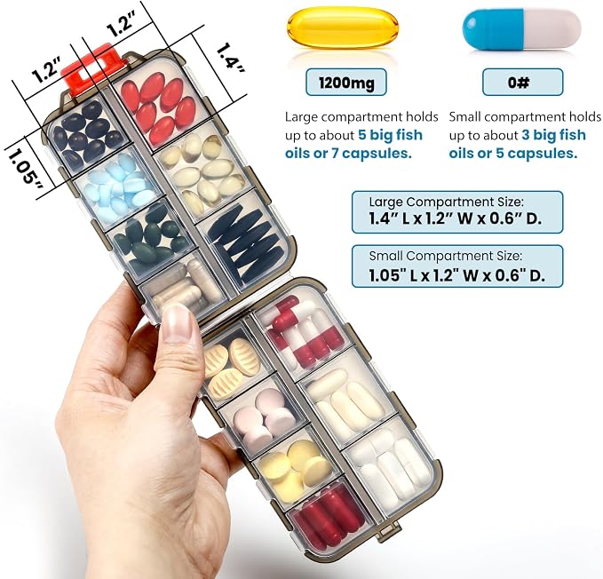 14 GRIDS Travel Pill Organizer Box with Labels - Travel Medicine Case Kit - Pocket Daily Pharmacy Container - Travel Medication Holder Dispenser for Fish Oil Vitamin Supplement Storage - Clear Gray