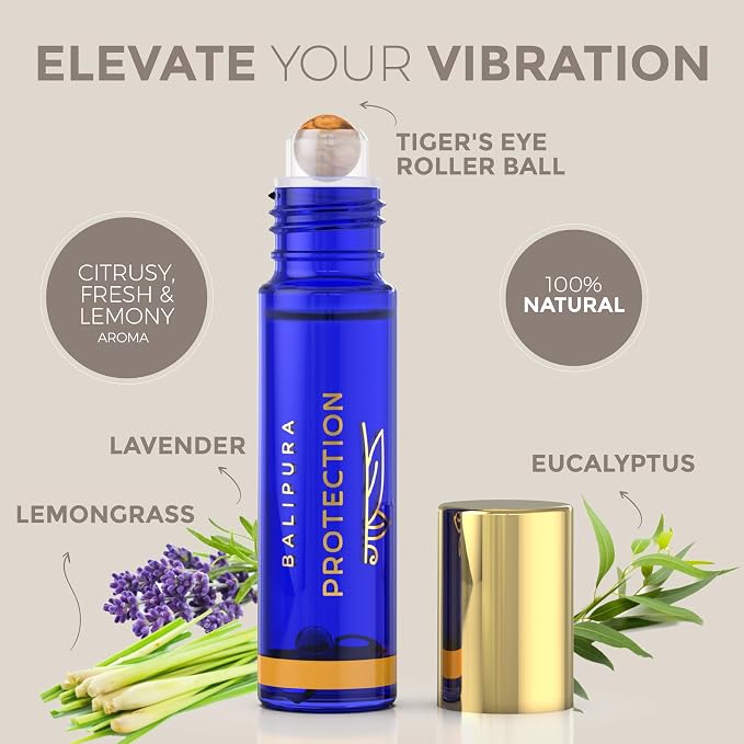 BALIPURA - Protection Roll On with Peppermint Essential Oil, Protection Healing Crystals - Clary Sage Oil Essential Oil - Essential Oils for Body