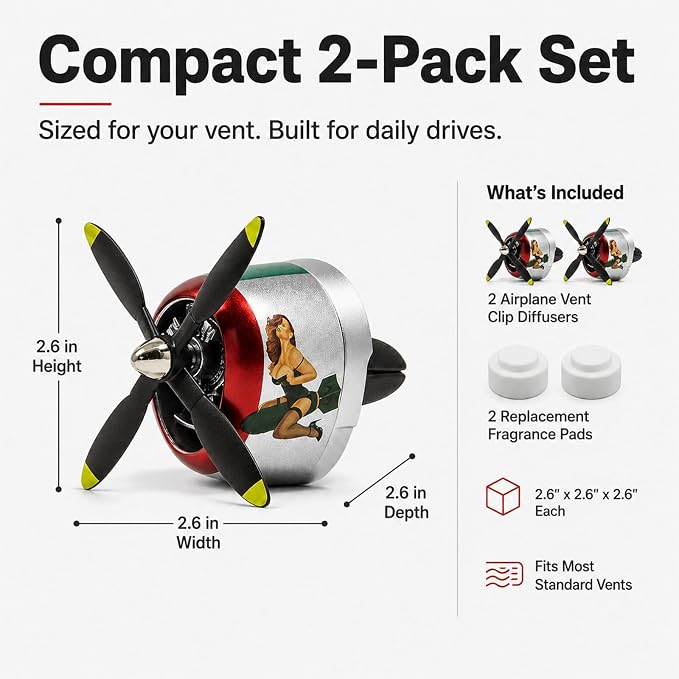 P-47 Inspired Car Vent Air Freshener 2 Pack with 2 Refill Pads, Vintage Side Graphic Airplane Propeller Diffusers, No Batteries Needed, Car Accessories for Men(P47-VG-SLV-2SET)