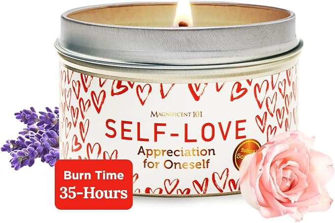 Magnificent 101 Long Lasting Self-Love Aromatherapy Tin Candle | 6 Oz - 35 Hour Burn | All Natural Soy Wax with Sage Rose Lavender Scented for Appreciation for Oneself, Purification, Manifestation