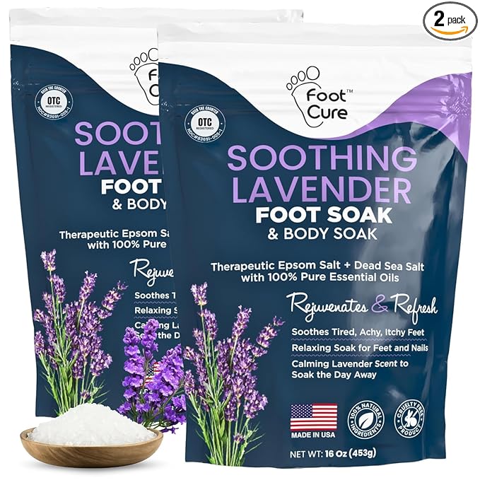 FOOT CURE Soothing Lavender Foot Soak - Pedicure Foot Spa with Epson Salts for Soaking Feet - Foot Massager Spa - Foot Scrubber Dead Skin Remover - Epsom Salt Bath Soak (Pack of 2)