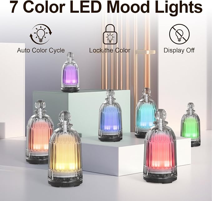 Glass Essential Oil Diffuser, Ultrasonic Aroma Diffuser Glass Cover & Plastic Reservoir with 7 LED Color Changing Light, Auto Shut-Off for Home Office Spa, 120ml(Black Base)