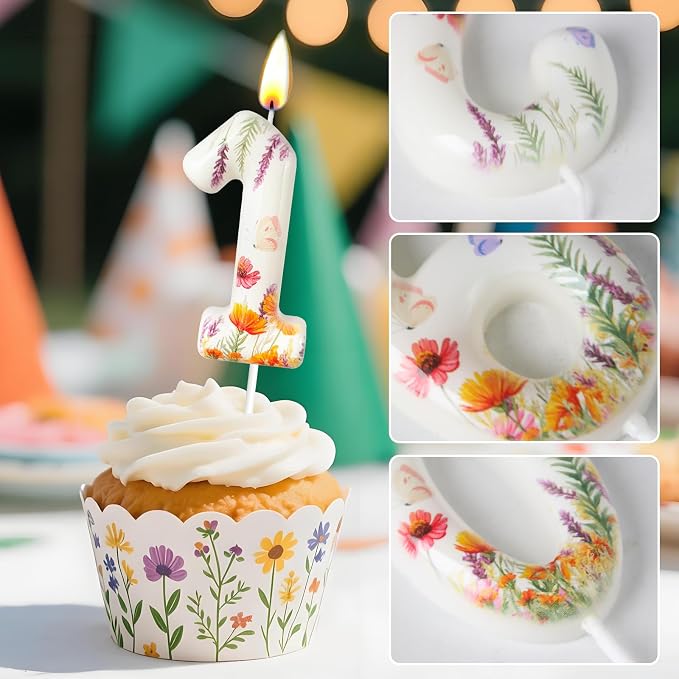 Number 1 Birthday Candle for Cake – Floral Botanical Design with Butterfly Detail – Elegant Cake Topper for Birthday, Garden Party Decoration