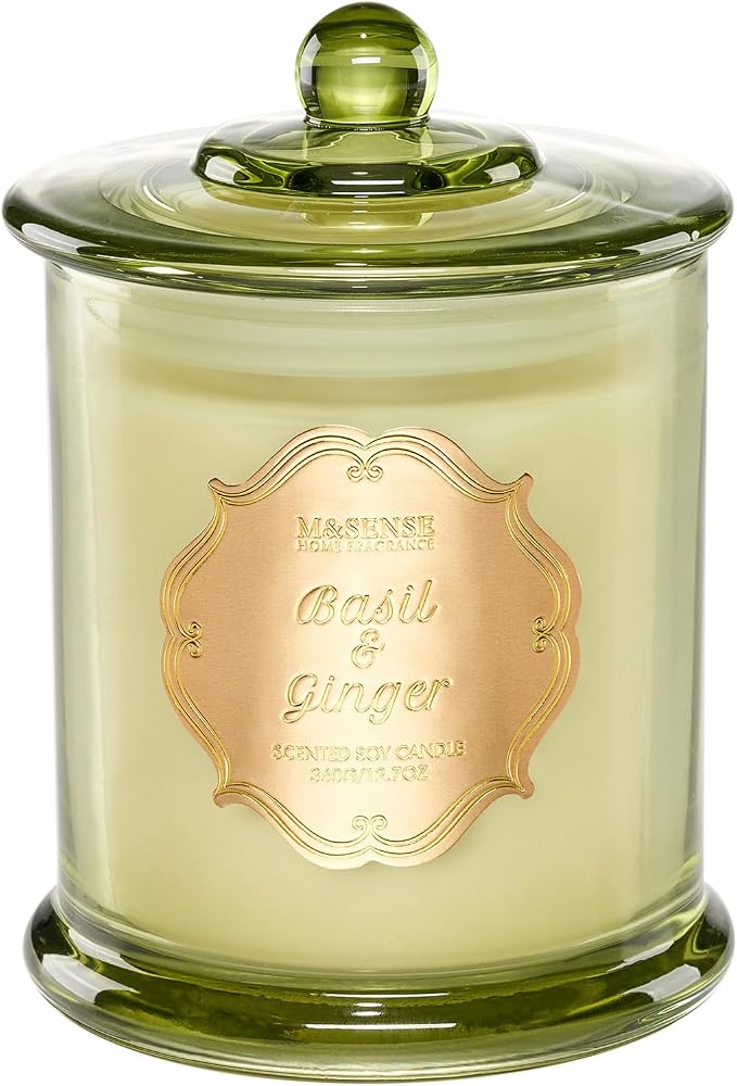 M&SENSE Basil Ginger Scented Candle 12.7oz Stress Relief Gift 2 Wick | Soy Wax, Non-Toxic, Air Purifying, Ideal for Bathtub Relaxation, Summer Candles