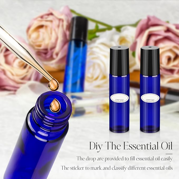 10ml Roller Bottles for Essential Oils, 6 Pack Cobalt Blue Thick Glass Bottles with Stainless Steel Roller Balls and 2 Droppers
