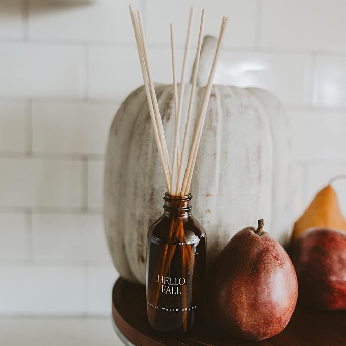 Sweet Water Decor Hello Fall Reed Diffuser Set - Hot Cider, Cinnamon, Cloves, Apple, and Nutmeg Fall Scented Diffuser - Scent Diffusers for Home, Fall Home Decor Long Lasting Fragrance Made in the USA