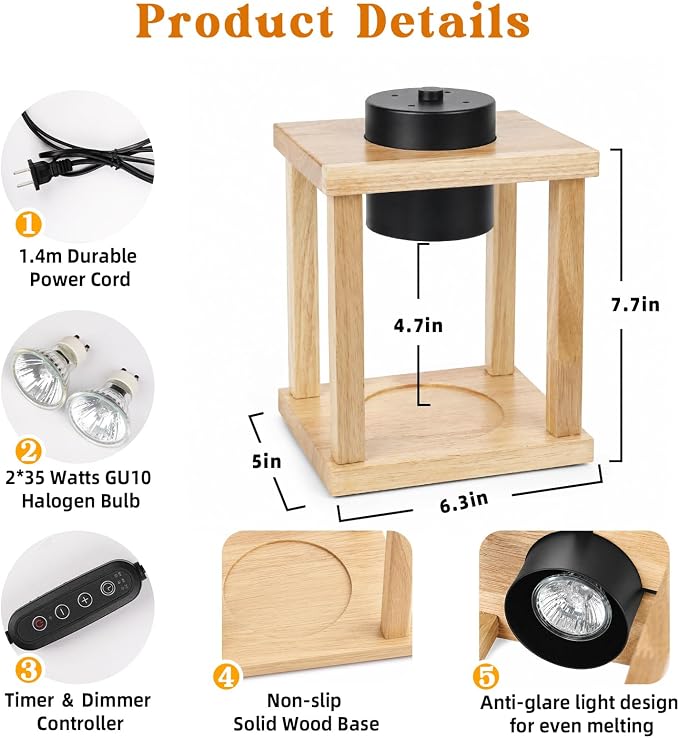 Candle Warmer Lamp Wood with Timer, Dimmable Electric Candle Lamp Warmer for Jar Candles, 2 * 35 Watt Bulb, Birthday Gifts for Women Mom, Decorative Wooden Candle Lamp for Bedroom Home Decor