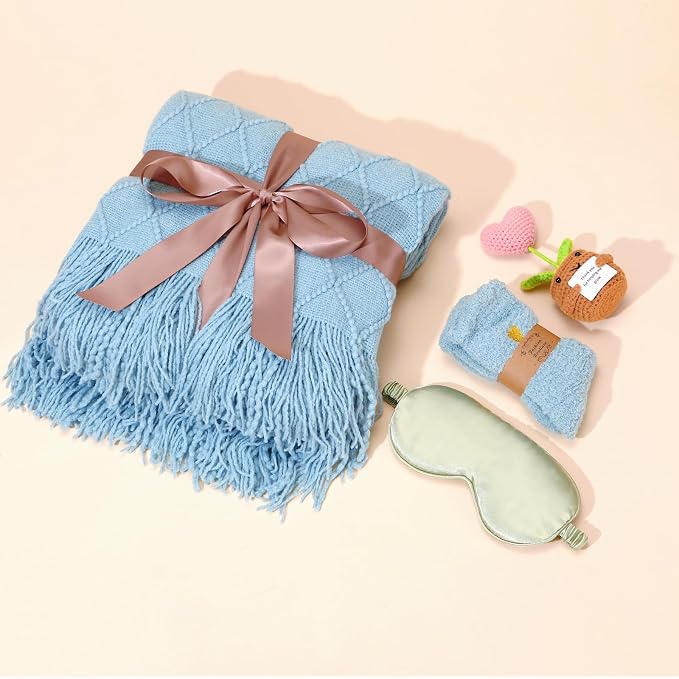 Sending Hugs Self-Care Gift Basket, Spa Relaxation Gifts for Women Her - Cozy Plush Throw, Inspirational Mug, Scented Candle & Journal for Get Well Soon, New Mom, Best Friend, Birthday (Aqua)