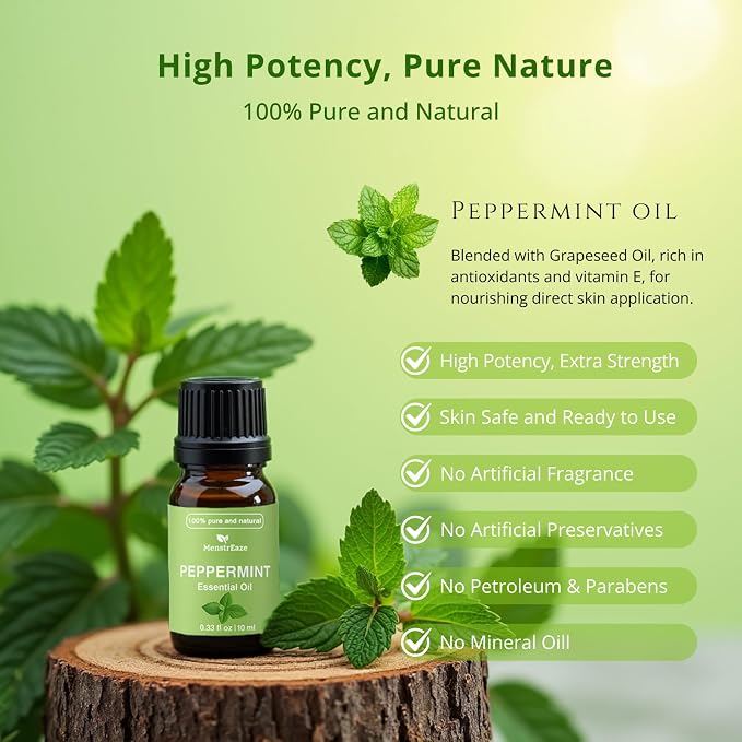 Skin Safe Peppermint Essential Oil Dropper Bottle, High Potency, 100% Natural & Pure, Migraine & Headache Support, Aromatherapy for Diffuser, Skin, Hair, Refreshing and Calming, 10ml