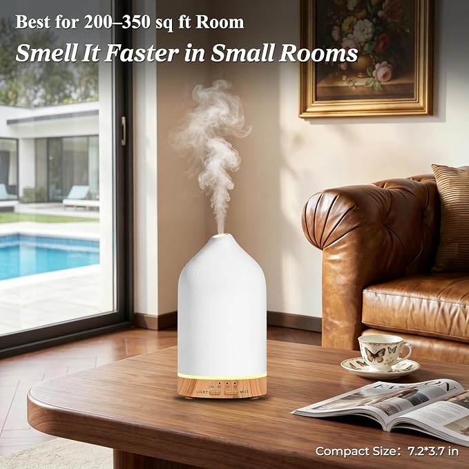 URPOWER 180ML Ceramic Essential Oil Diffuser, Ultrasonic Aromatherapy Diffuser with 7-Color Lights, Auto Shut-Off, Quiet Oil Diffuser for Bedroom, Home Office
