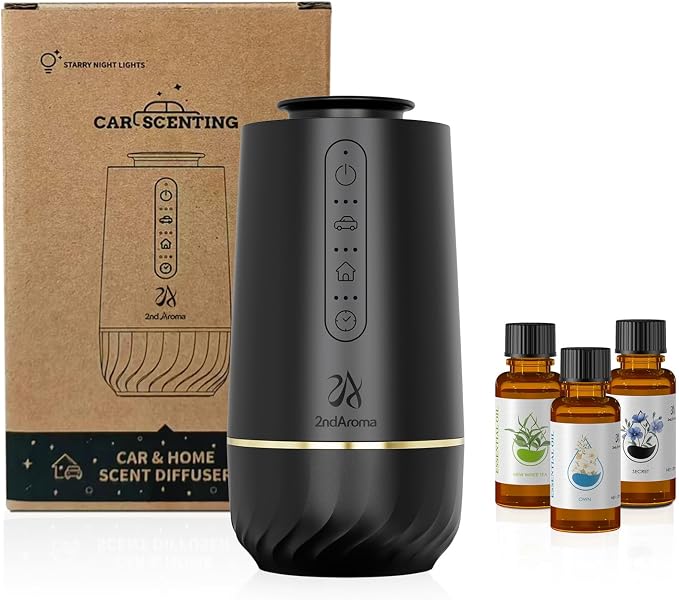 Waterless Oil Diffuser, Portable Car Diffusers for Essential Oils, Wireless Diffusers with 3 Mist Levels & Timer, ABS Material, Starry Night Light for Car Home Office, Includes 3 Scent Oils
