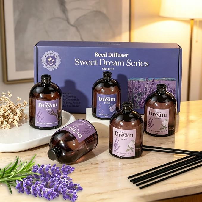 STRN Reed Diffuser Sets, Lavender Scented Oil Diffuser, Fragrance Reed Diffuser with 24 Sticks, 6.8 Fl.oz (200ml), 4 Scents Long-Lasting Air Freshener for Bedroom Bathroom Home Décor